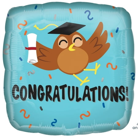 Anagram Congratulations Graduation Owl 18" Square Standard Foil Balloon, Blue Brown