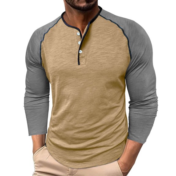GUZOM Mens Long Sleeve 100% Cotton Raglan Henley T-Shirt 3-Button Placket Regular Fit Casual Comfortable Everyday Top Khaki,Size 3XL