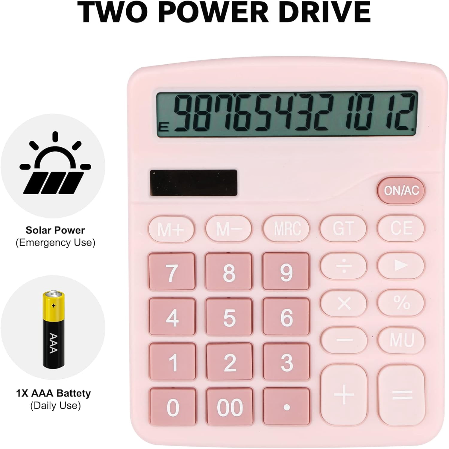 Desk Calculator, 12-Digit LCD Display Office Calculator – Dual Power, Compact and Lightweight, Easy-to-Read Display, Durable for Business, School, Home (Pink)