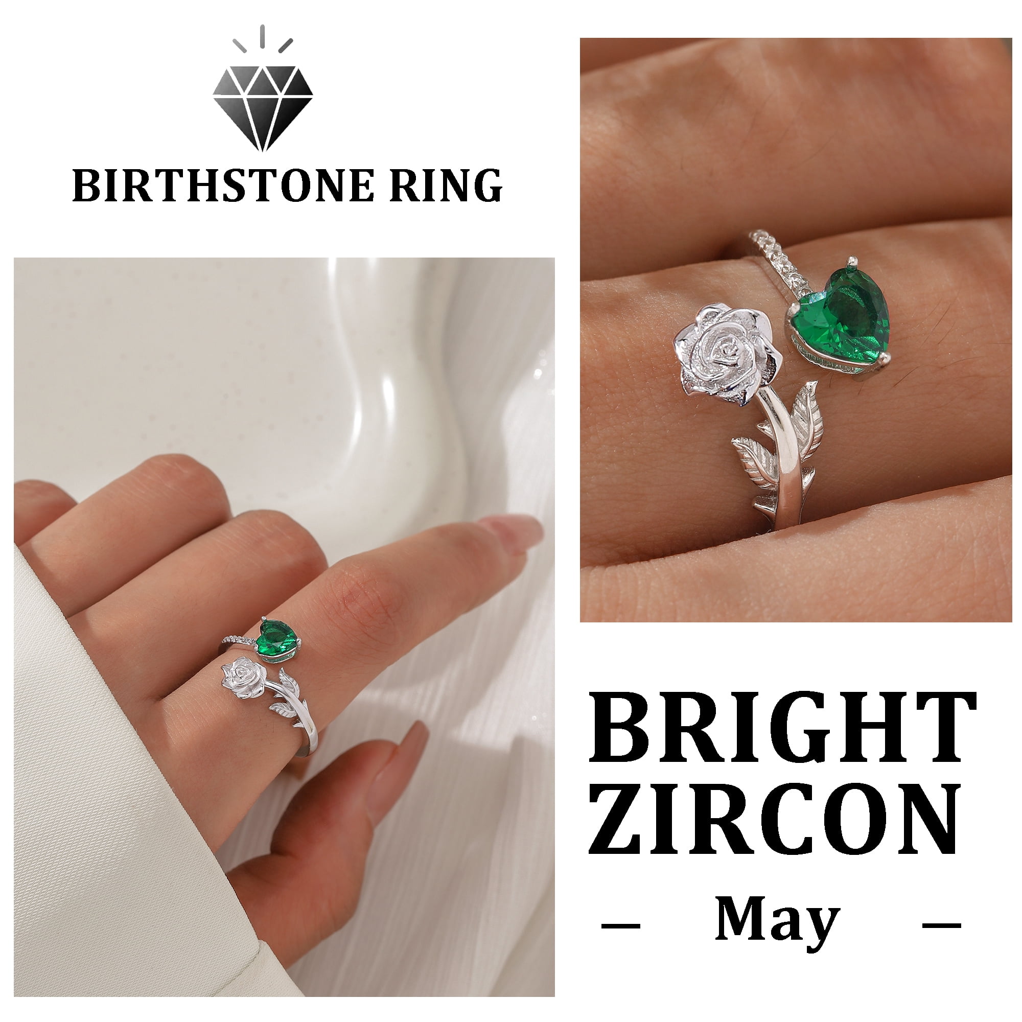 Beautlace Rose Heart Birthstone Ring,925 Sterling Silver Adjustable Open Heart Rings Jewelry Gifts for Women Mom -May