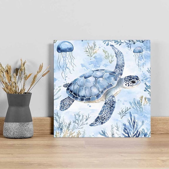 Blue Turtle Coastal Wall Art Painting on Canvas, Coral Beach Nautical Ocean Canvas Art Home Prints Wall Art Framed Modern Artwork for Living Room Bedroom Wall Decor 16x16in