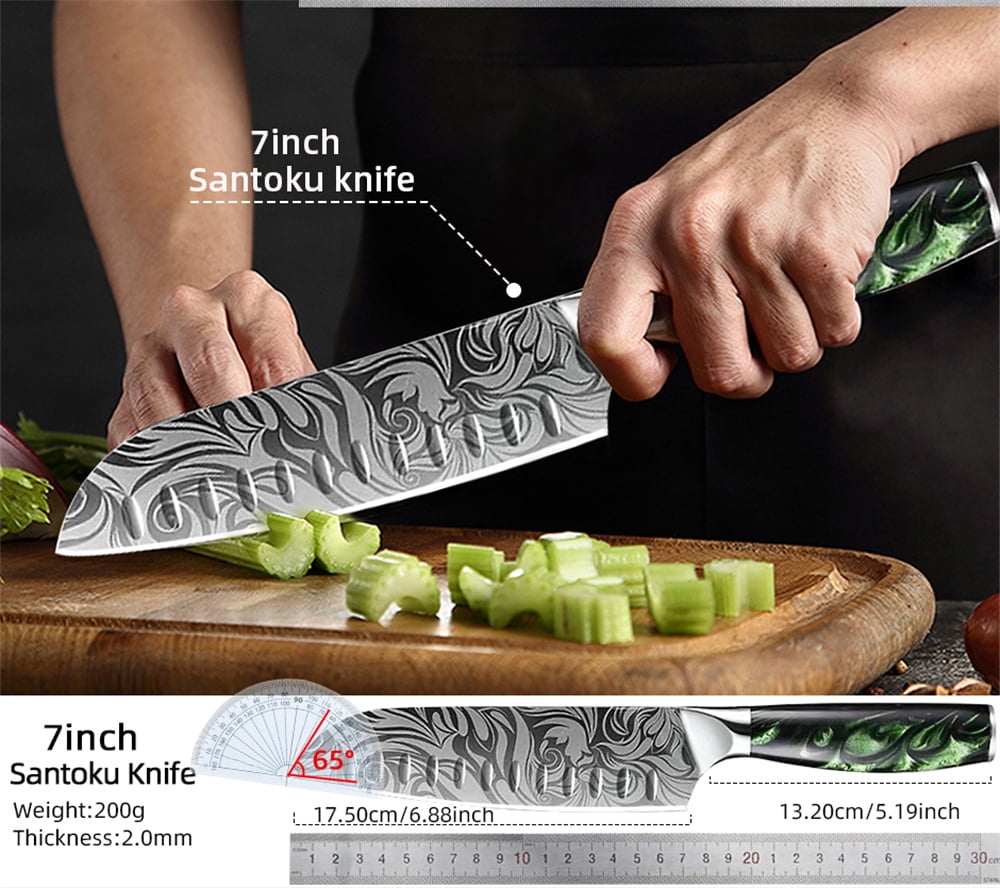 Myvit Damascus Steel Kitchen Knife 3-7Piece Set Japanese Santoku Knife Professional Chef Knife with Easy-Grip Resin Handle