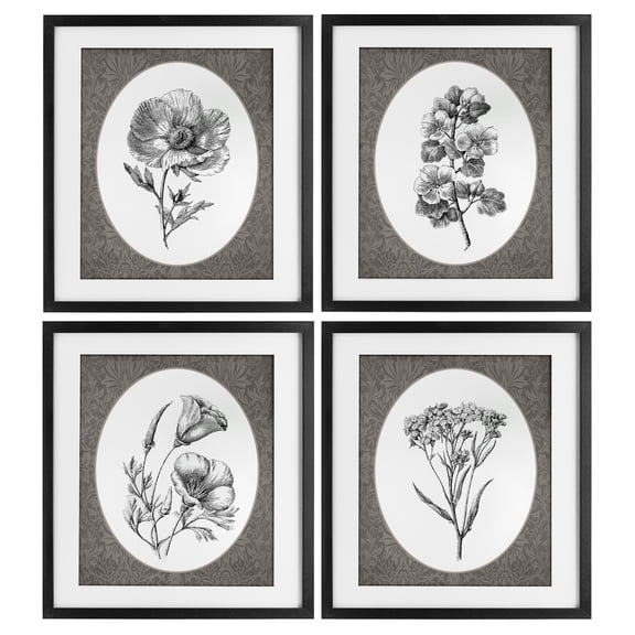 Ornate Blooms over Damask 4 Piece Black Framed Print Under Glass Set, design by Lettered and Lined