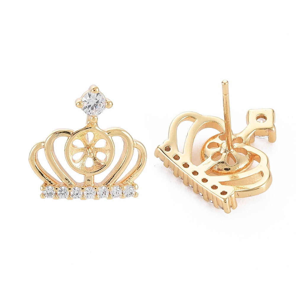 Brass Micro Pave Clear Cubic Zirconia Stud Earring Findings for Half Drilled Beads Nickel Free Crown Real 18K Gold Plated 14x14.5mm Pin: 0.6mm pin: 0.7mm(for half drilled beads)