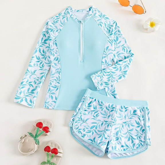 Conairie Girl Swimsuit Set Two Piece Long Sleeve Rash Guard Bathing Suit Breathable Beach Swimwear Summer Light Blue