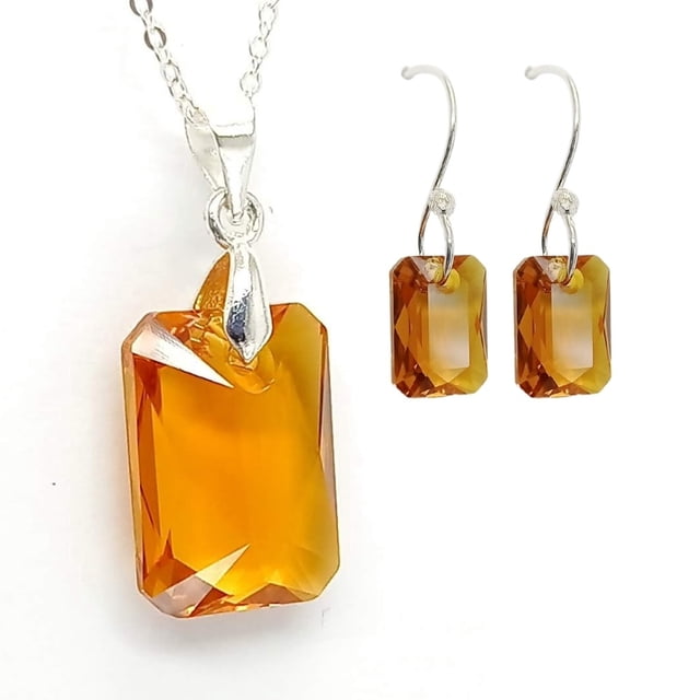 Juego de aretes y cadena con dije corte Esmeralda, plata mexicana ley .925, Topacio