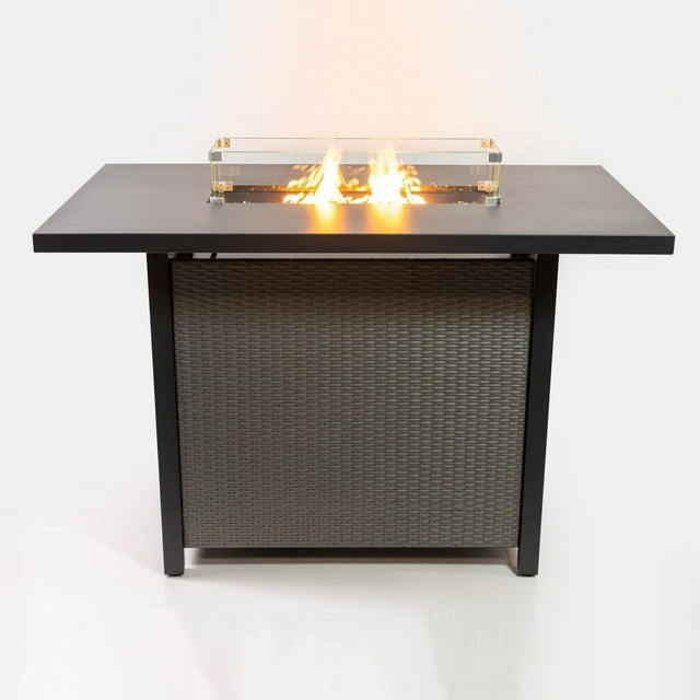 Deko Living 55 Inch Rectangular Outdoor Propane Gas Fire Pit Barstool Table 40,000 BTU with Glass Bead Filler