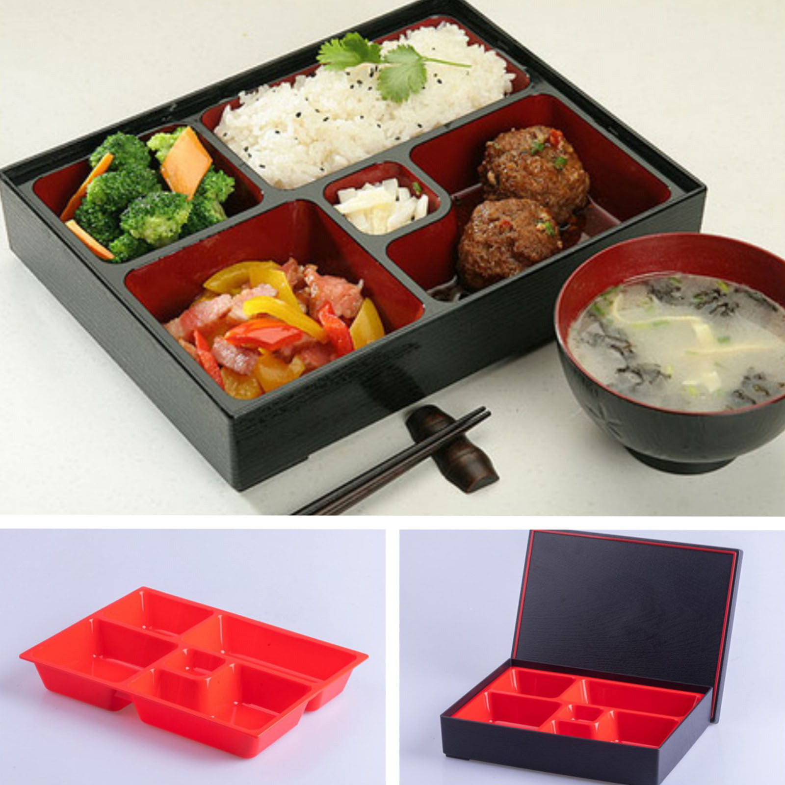JapanBargain 1923, Red and Black Japanese Traditional Plastic Lacquered  Lunch Bento Box 5 Compartments for Restaurant or Home Tray Plate and Lid  3pc