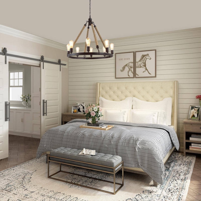 LNC 8-Light Farmhouse Round Chandelier with Rope and Dark Coffee Metal Frame