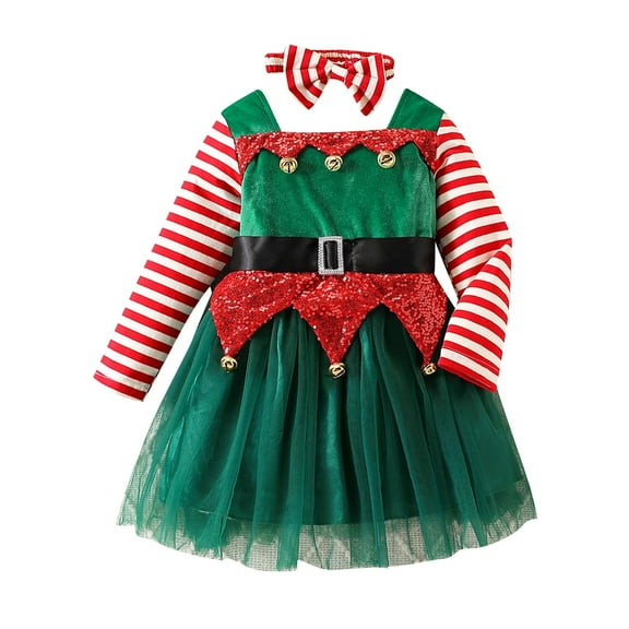 Edvintorg 12M-5Y Kids Party Dresses for Girls Christmas Striped Printing Long Sleeved Lace Dress with Headband Two-Piece Set Winter Girls Clothing Set