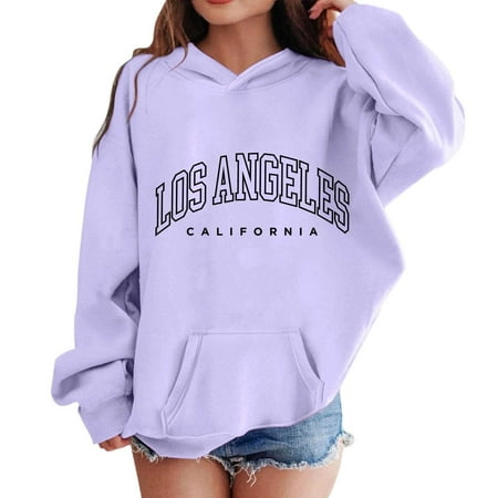 SGMVNU Girl s Fashion Graphic Letter Print Sweatshirt Drop Shoulder Long Sleeve Pullover Oversized Hooded Sweatshirts with Pocket Purple Size 9-10 Years