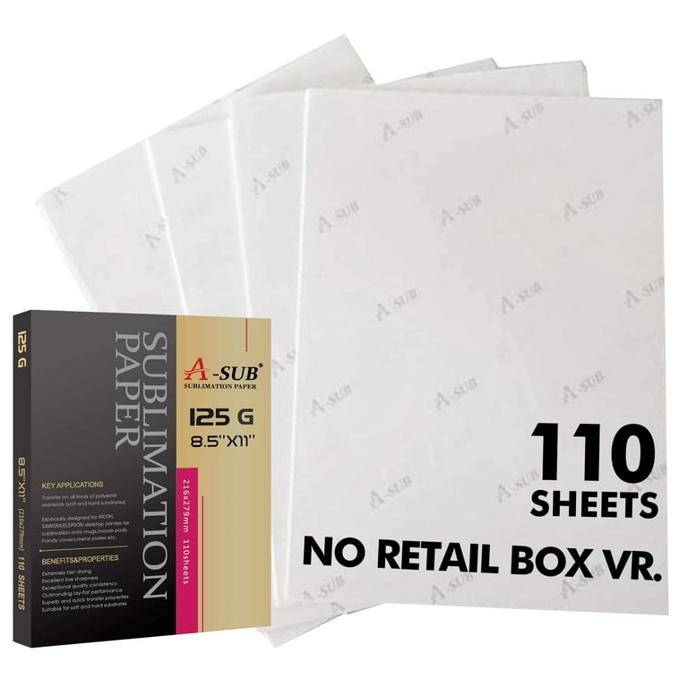 NO RETAIL BOX Vr. A-SUB Sublimation Paper 8.5x11 inches 110 Sheets 125gsm +  2 Rolls 20mmx16m Heat Transfer Tapes for Any Inkjet Sublimation Printers  DIY Sublimation Blanks Tumblers, Mouse Pads 