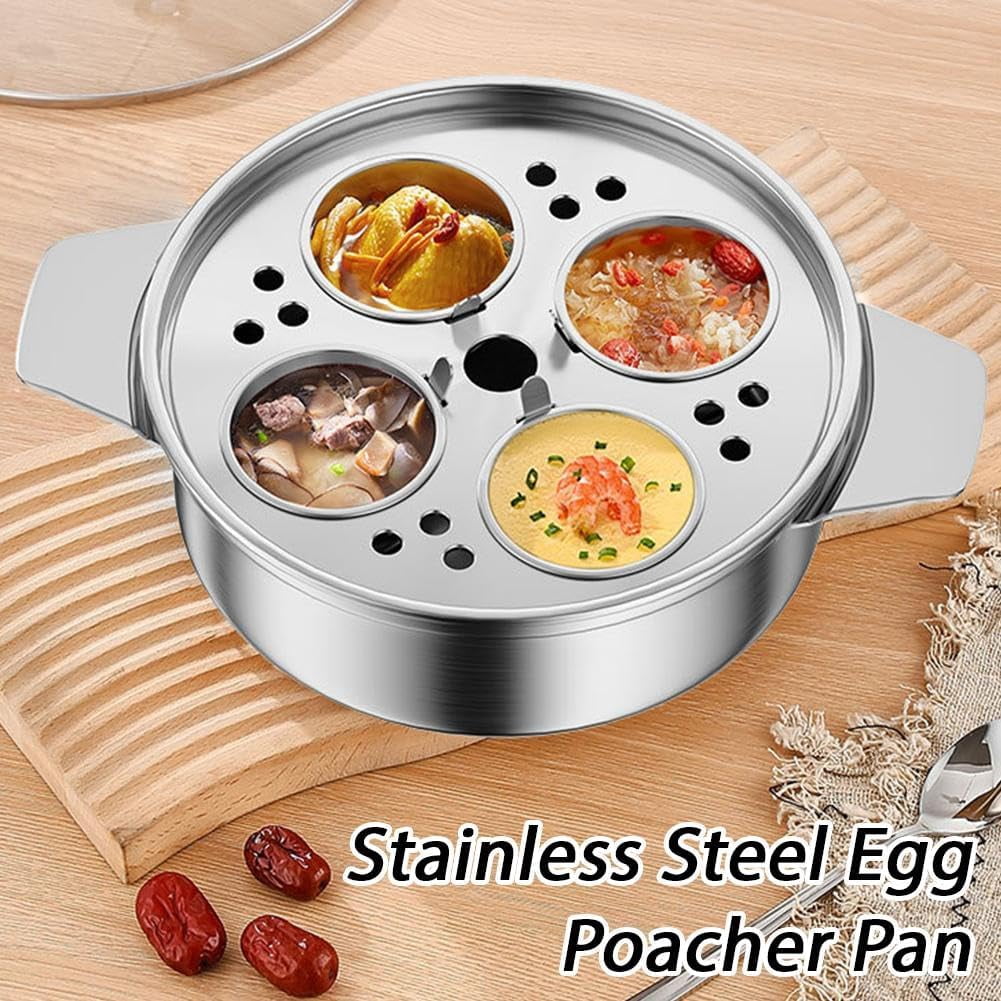 Egg Poacher Pan with 4 Cups, Stainless Steel Egg Poaching Pan, Poached Eggs Cooker, Eggs Cooker with Glass Lid and Heat Resistant Handle, Multifunctional Poacher Pans for Breakfast