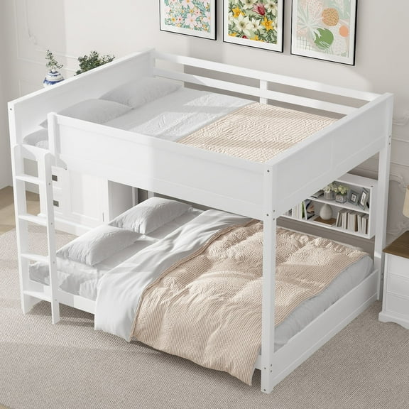 Kumix Queen over Queen Bunk Bed, Solide Wood Bunk Bed with 6 Storage Cabinets, USB Ports and Safety Guardrail, Heavy Duty Queen Bunk Bed for Teens, Adults, for Bedroom, Dorm, White