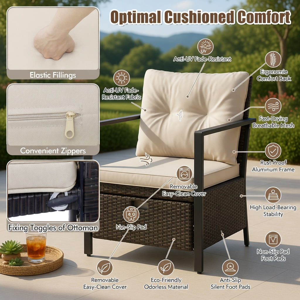 Hommoo 4-Piece Modern Outdoor Wicker Furniture Set with Tempered Glass Coffee Table, Rattan & Metal Frame, White
