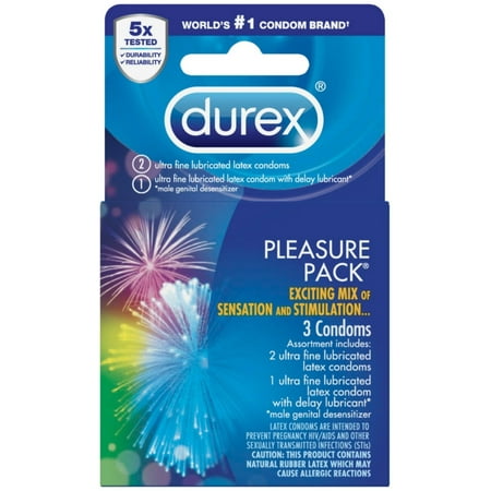 Durex Pleasure Pack, Assorted Lubricated Premium Condoms, 3