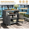thumbnail image 4 of RELAX4LIFE Wicker Outdoor Bar Cabinet - PE Rattan Patio Bar Table w/Acacia Wood Countertop, Open Shelf & 2 Doors, Buffet Sideboard Organizer for Garden Backyard Pool, Outside Storage Cabinet (Grey), 4 of 9