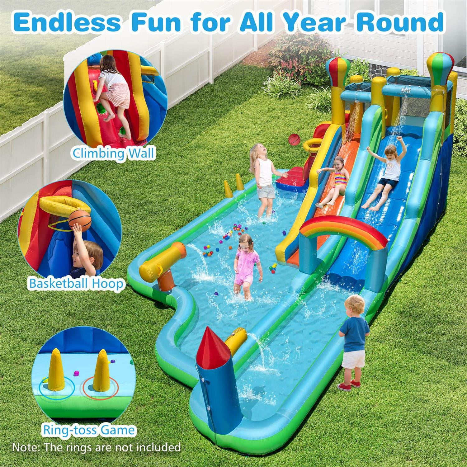 Demi Bonn Giant Inflatable Water Slide, 750W Quick-Inflate Blower, Cushioned Landing Area, Multicolor