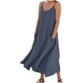 thumbnail image 3 of Womens Summer Dresses Imitation And Cotton Linen Suspender Solid Pocket Jumpsuit Long dress, 3 of 7