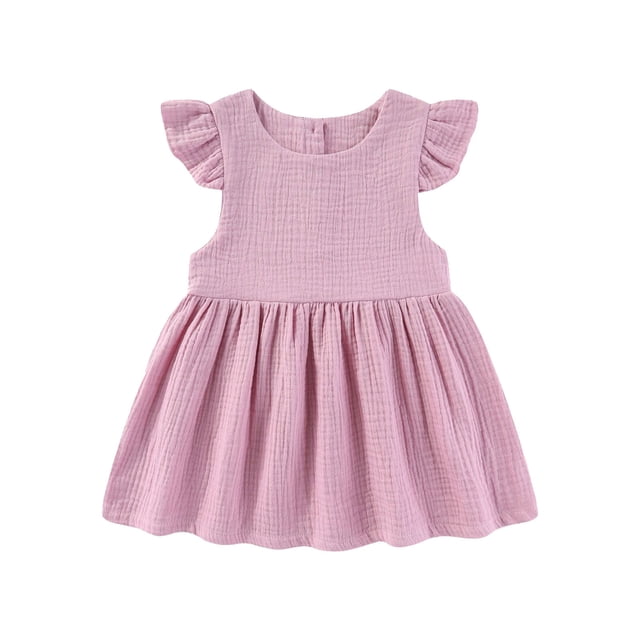 Robe Fille Tout-Petit Bébé Filles Été Manches à Volants Fête Décontractée Robe Danse Fête Princesse Robe Rose 18 Mois-24 Mois