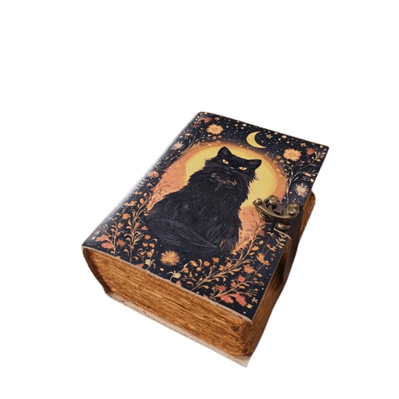 Handmade Black Cat Leather Journal 5x7” – 200 Pages Vintage Handmade Paper | Locking Notebook | Witchy Gifts | Festival & Holiday Gift Ideas