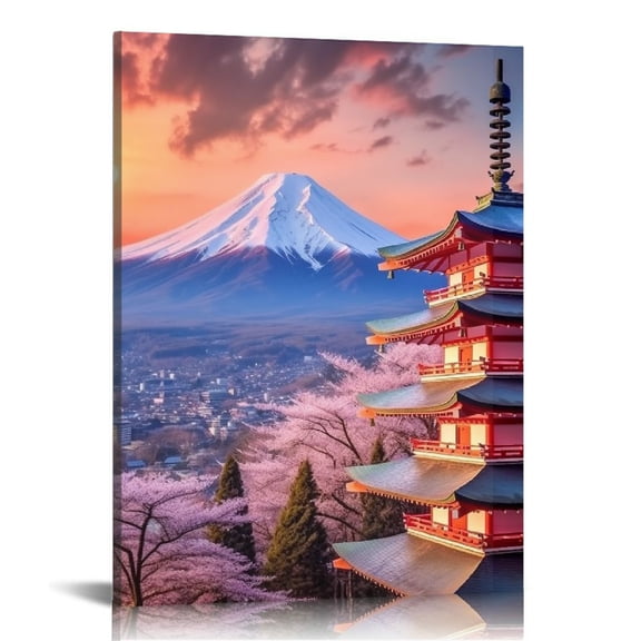 PRATYUS Pink Cherry Blossom Canvas Artwork, Mount Fuji Asian Anime Wall Hanging, Sunset Wall Art for Kids Bedroom Living Room Decor 16x20 in / 12x16 in 12x16 in