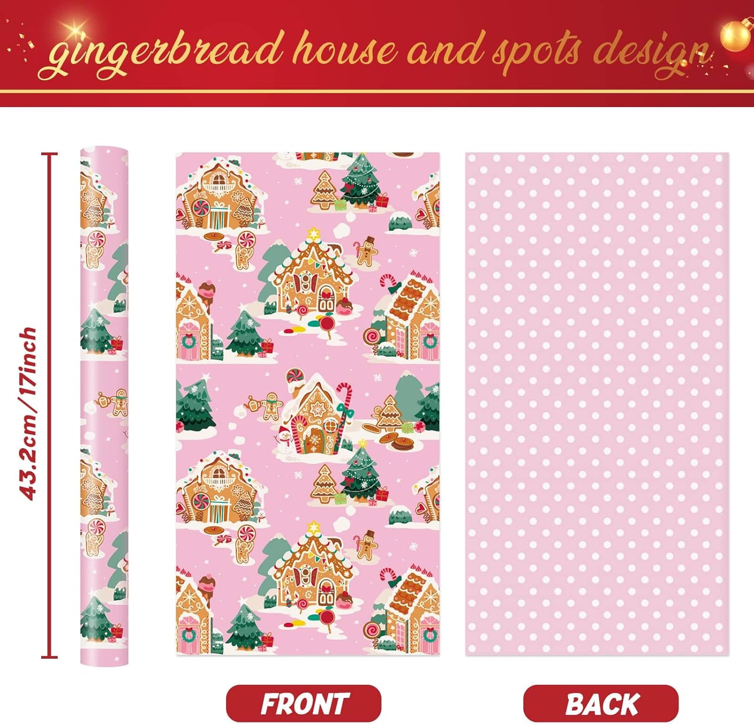 Christmas Wrapping Paper - 1 Roll 17”x 33 ft Gingerbread House Wrapping Paper Roll Reversible Christmas Tree Gift Wraps for Kids Girls Xmas Winter Holiday Party Pink Polka Dot Design
