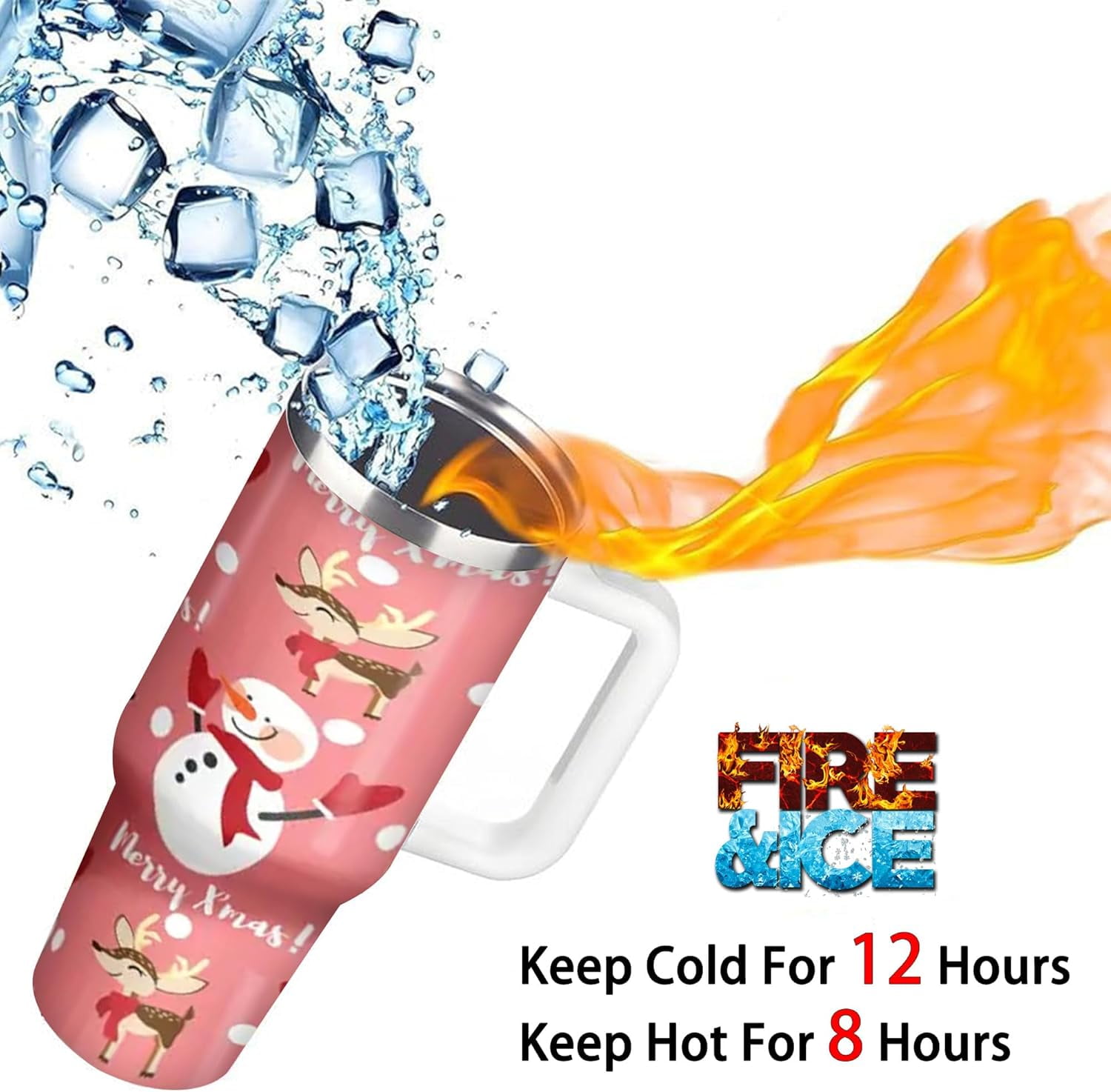 40oz Holiday Santa & Snowman Tumbler - Single Pack, Stainless Steel Insulated with Lid, Handle, Straw, Ideal for Hot and Cold Drinks, Car, Office, Home