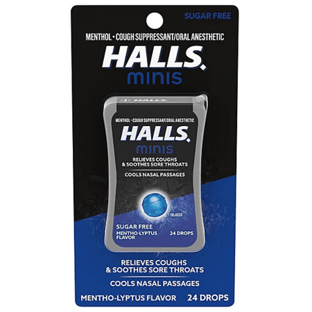 Halls Minis Mentho-Lyptus Flavor Sugar Free Cough Drops, 24 Mini Throat Lozenges Per Pack (48 Total Pieces) 2 Pack Double Up and Save