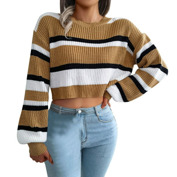 PMUYBHF Female Cardigan Sweaters for Women Womens Long Sleeve Stripe Cable  Knit Pullover Sweater Casual Ribbed Loose Jumper Tops M 