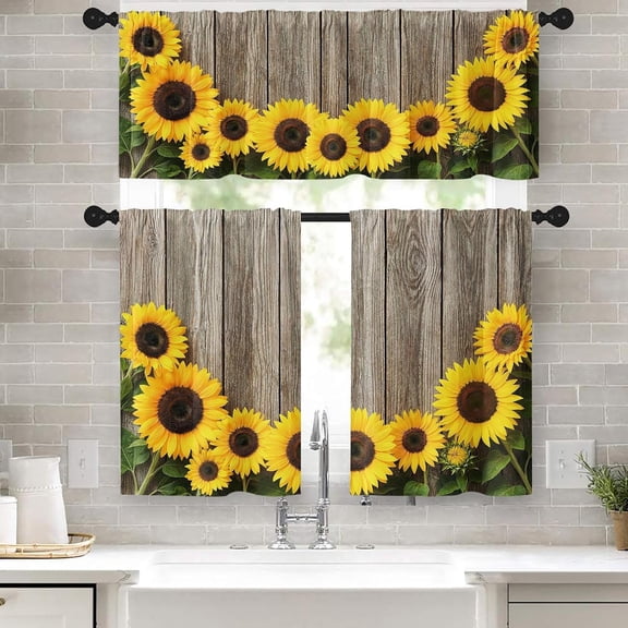 Window Valance for Windows, 52x39 Inch, Sunflower 3 Pack, | Rustic Vintage Yellow Wooden Rod Pocket Cafe Curtain Drapes for Living Room Bedroom Bathroom Kitchen Over Sink Decor