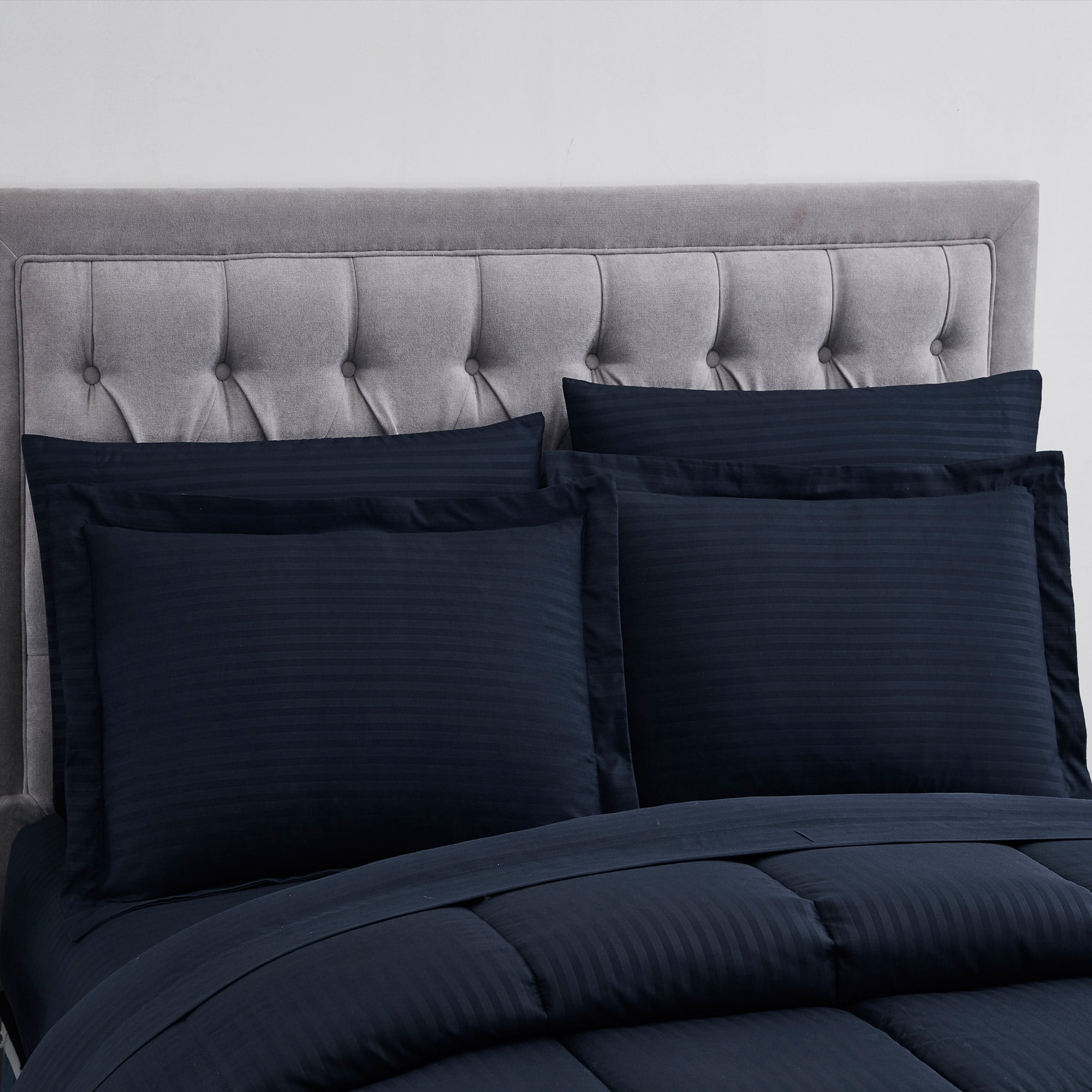 Dobby Stripe Bed in A Bag 8 Piece Comforter Sheet Bed Skirt Sham Set King - Navy