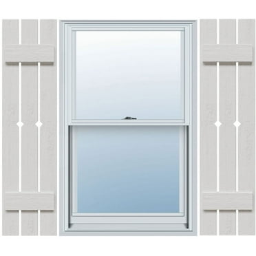 Ekena Millwork 17 1/8"W x 40"H Timberthane Faux Rustic Three Board Spaced Board-n-Batten Faux Wood Shutters w/Diamond Cut Outs, Rough Cedar (Per Pair)
