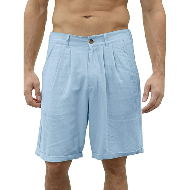 Lucakuins - Pantalones cortos de lino y algodón para hombre, informales, de corte clásico, con cordón frontal plano, pantalones cortos de playa de verano con bolsillos Lucakuins moda