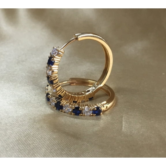 Bluebelljewels Blue Sapphire & Diamond 14K Yellow Gold Finish Silver Women's Hoop Earring