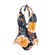 Bar III Women's Floral Stripe Printed Plunging One-Piece Swimsuit