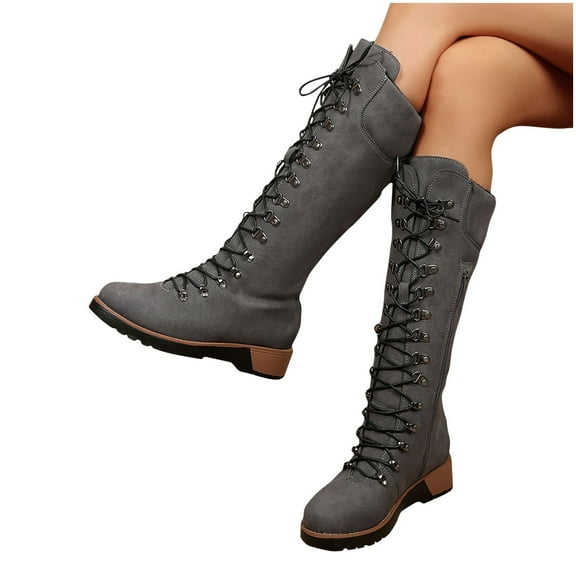 PiGOGI Lace Up Boots for Women Knee High Western Style Boots Faux Leather Edgy Look Comfortable Low Heel Non-Slip Sole Winter Casual Shoes Gray 43