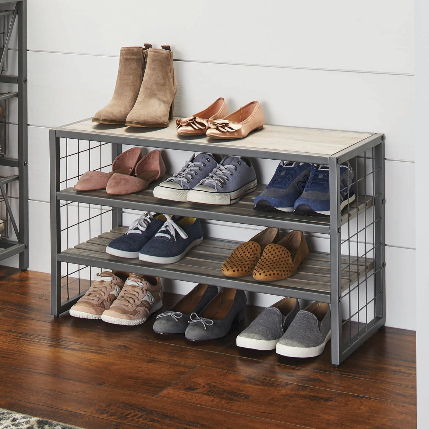 Better Homes & Gardens 4 Tier Shoe Rack with Gunmetal Grey Wood and Metal Frame, up to 12 Pair of shoes