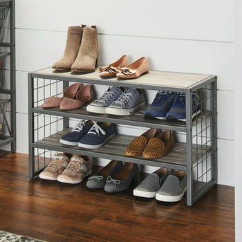 Better Homes & Gardens Farmhouse 3 Tiers,12-Compartment Garment Shoe Rack wood,  Gray