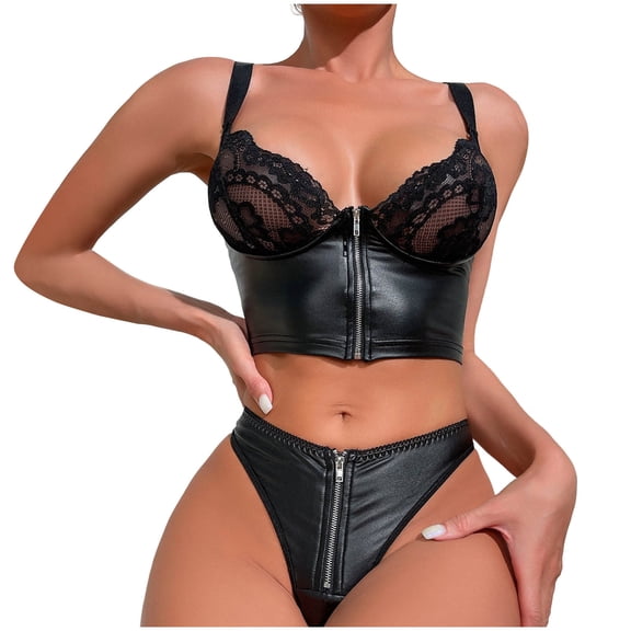 Levmjia Womens Lace Leather 2 Piece Solid Color Lingerie Set Corset Bra And High Waist Panty For Romantic Nights And Special Occasions