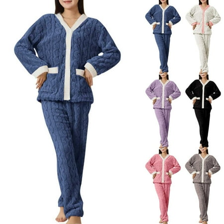 YHAJDS Winter Casual Pajama Suits For Women Sleepwear For Women Pajama Set Women s Pajama Sets Home Wear Solid Color Fleece Long Sleeve Crew Neck Top Elastic Waist Pants Warm Two Piece Set