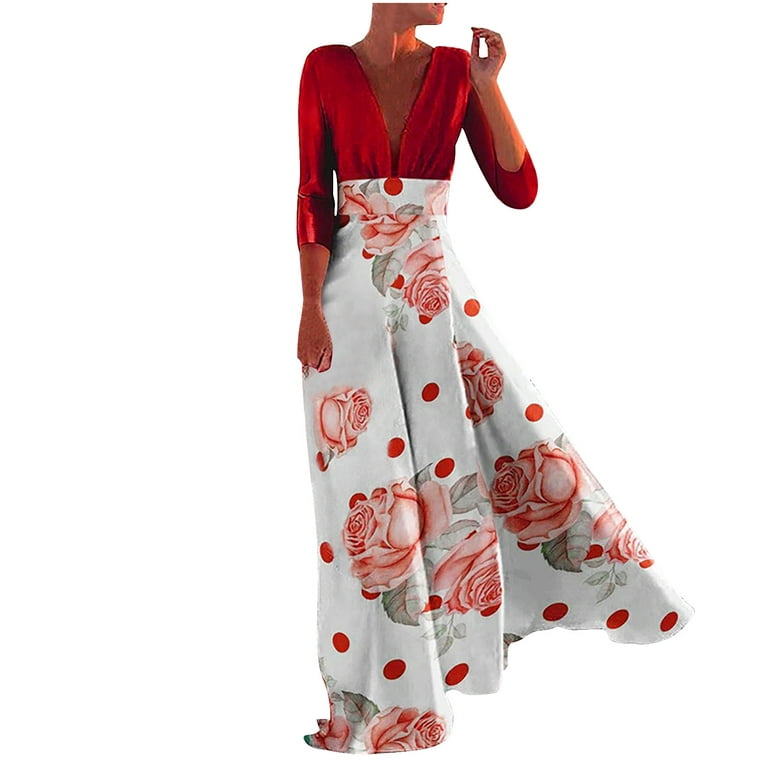 Women Dress A-Line Scoop Neck Floral Chiffon Long Sleeve Maxi Long Sundress  Chic