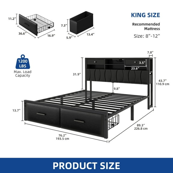 VibrantEcho Queen Size Upholstered Platform Bed, Black PU Leather with Storage Headboard & LED