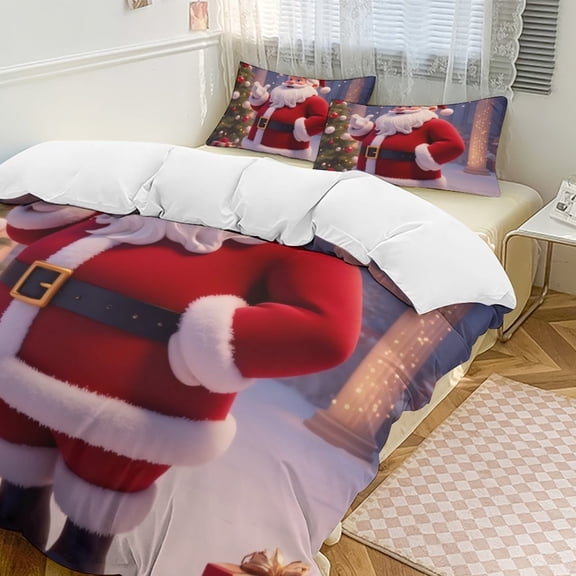 Santa Claus with Christmas Tree And Gifts Duvet Cover Set Themed Multicolor Polyester Bedding Set for Bedroom Decoration