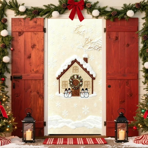 3D Embroidery Christmas Door Curtain Holiday Decorative Cover for Front Door Wall Party Festival Home Decorations