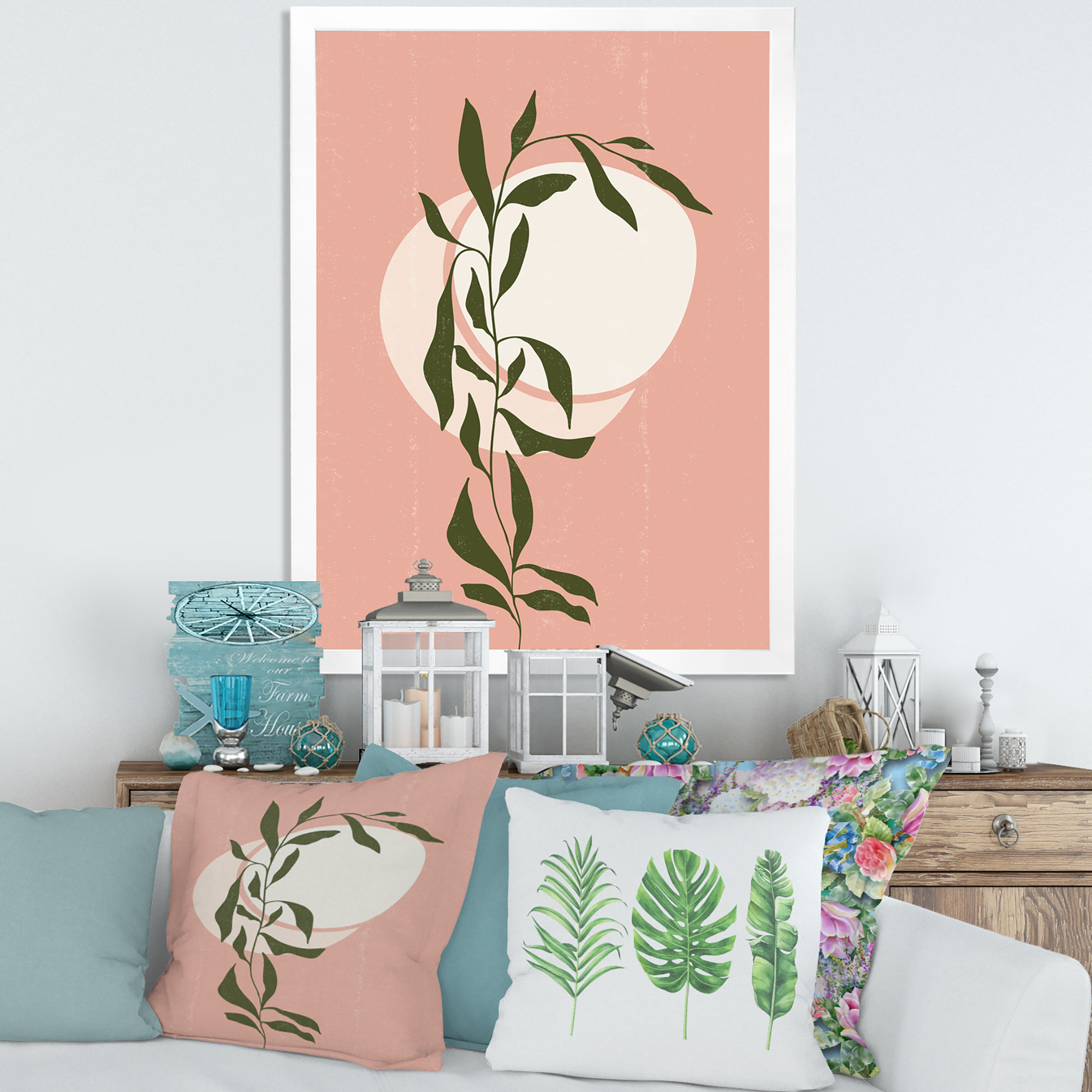 Designart 'Abstract Geometrical Moon and Sun With Leaf VI' Modern Framed Art Print