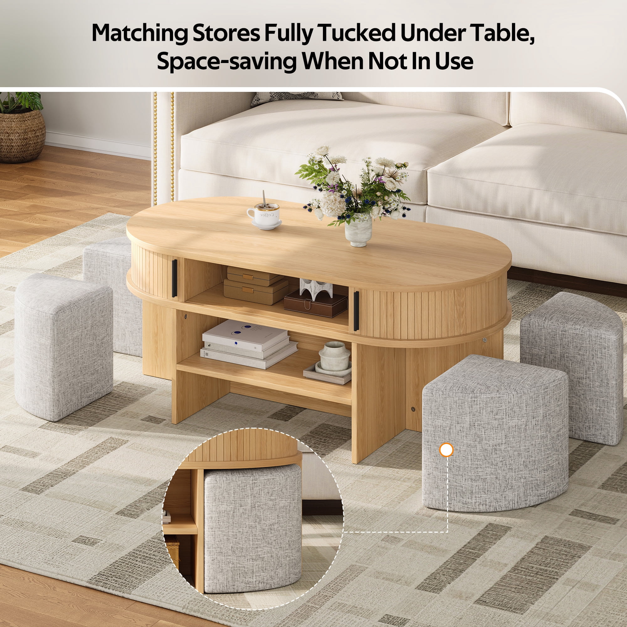 Mintazer Oval Coffee Table with 4 Upholstered Stools, Coffee Table with Slatted Storage Cabinet & Open Shelves for Living Room Apartment, Natural