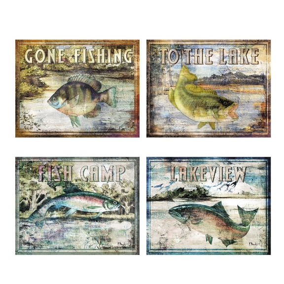 Rustic Brown and Blue Fishing Lake Adult Decor; 4 - 14" x 11" Unframed Prints