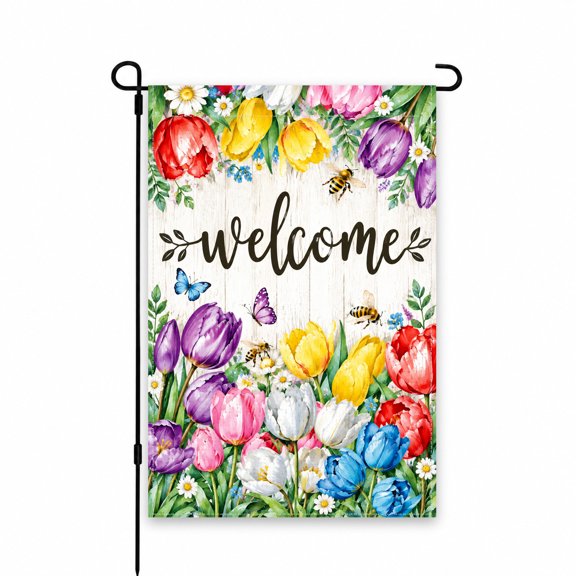 Welcome Garden Flag 12x18 Inch Spring Floral with Bees and Butterflies - Decorative Yard Flag for Patio, Lawn, Porch, Outdoor Decor