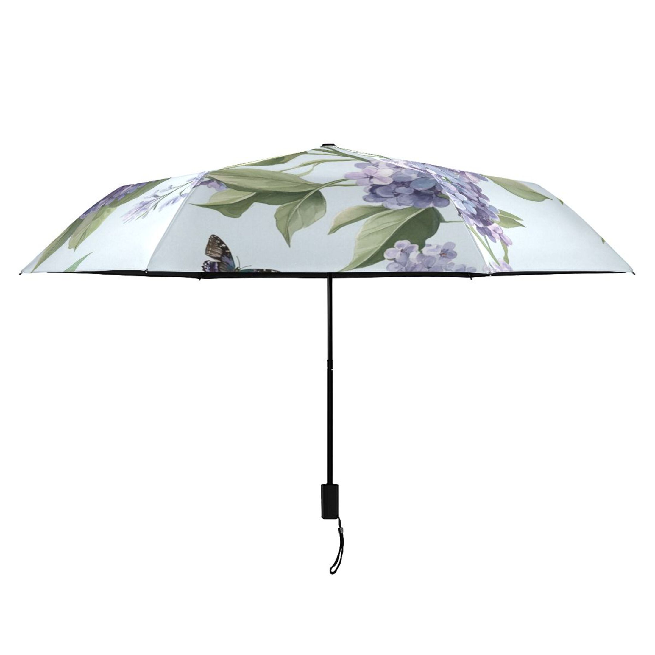 Beautiful Lilac Flowers and Butterflies All Weather Umbrella Triple Folding Parasol 6 Ribs UV Protection Portable